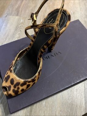 Prada Leopard-Print Peep-Toe Slingback Heels in Brown and Black
